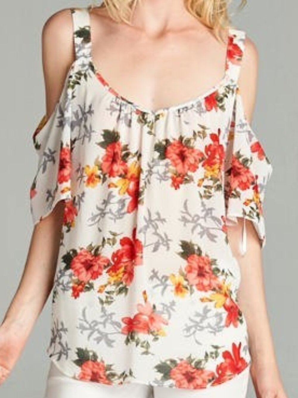 Chiffon Floral Print - Cold Shoulder Blouse